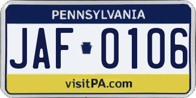 PA license plate JAF0106