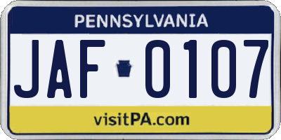 PA license plate JAF0107