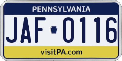 PA license plate JAF0116