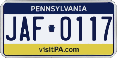 PA license plate JAF0117