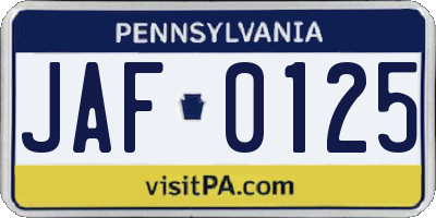 PA license plate JAF0125