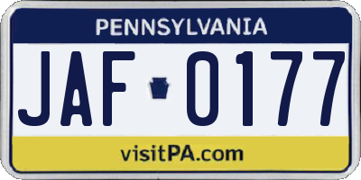 PA license plate JAF0177
