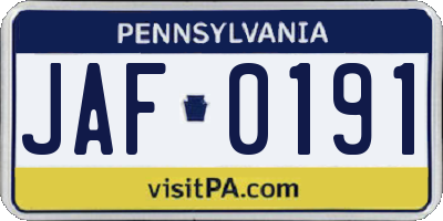 PA license plate JAF0191