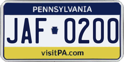 PA license plate JAF0200