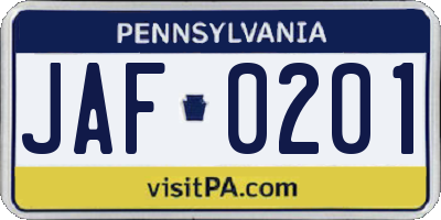 PA license plate JAF0201