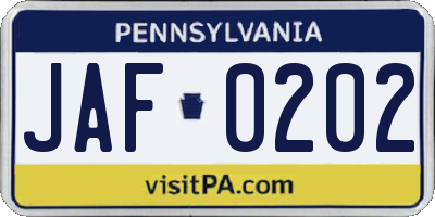 PA license plate JAF0202