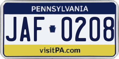 PA license plate JAF0208