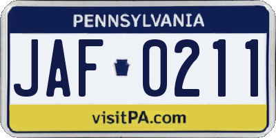 PA license plate JAF0211