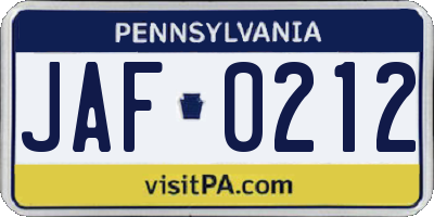 PA license plate JAF0212