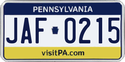 PA license plate JAF0215