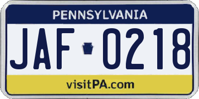 PA license plate JAF0218