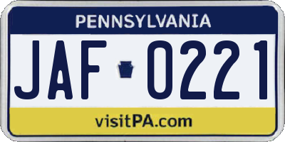 PA license plate JAF0221