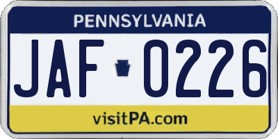 PA license plate JAF0226