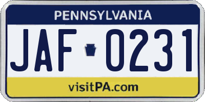 PA license plate JAF0231