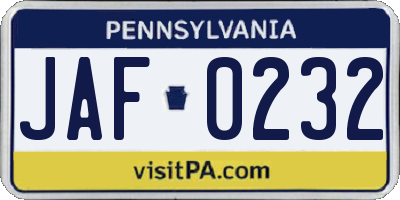 PA license plate JAF0232