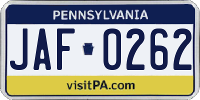 PA license plate JAF0262