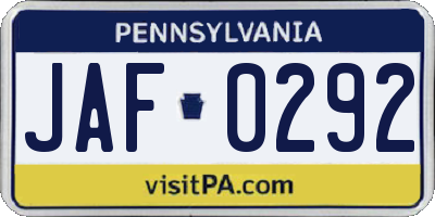 PA license plate JAF0292