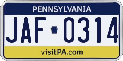 PA license plate JAF0314