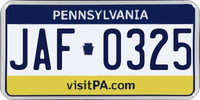 PA license plate JAF0325