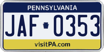 PA license plate JAF0353