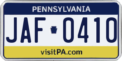 PA license plate JAF0410