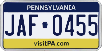 PA license plate JAF0455