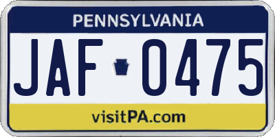 PA license plate JAF0475