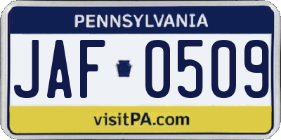 PA license plate JAF0509