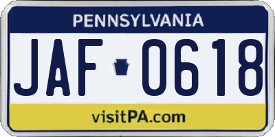 PA license plate JAF0618