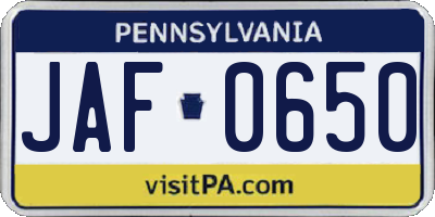 PA license plate JAF0650