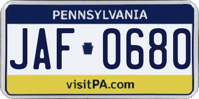 PA license plate JAF0680