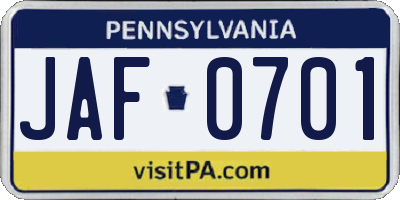PA license plate JAF0701