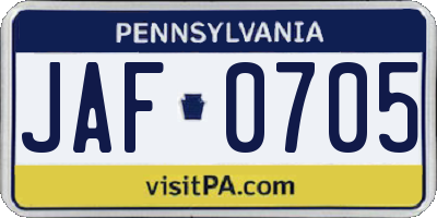 PA license plate JAF0705