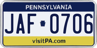 PA license plate JAF0706
