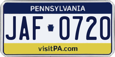 PA license plate JAF0720