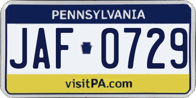 PA license plate JAF0729