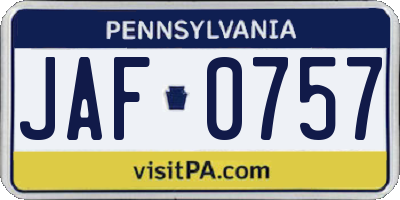 PA license plate JAF0757