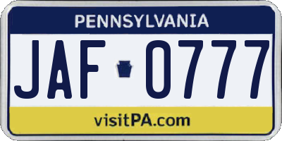 PA license plate JAF0777