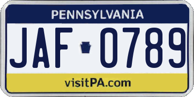 PA license plate JAF0789