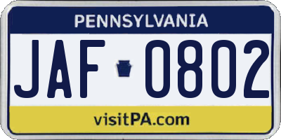 PA license plate JAF0802