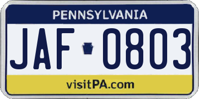 PA license plate JAF0803