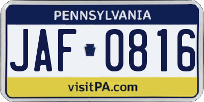 PA license plate JAF0816