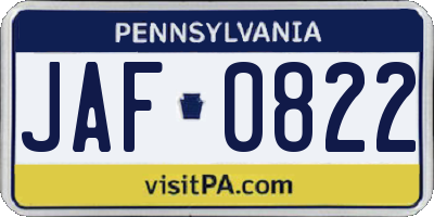 PA license plate JAF0822