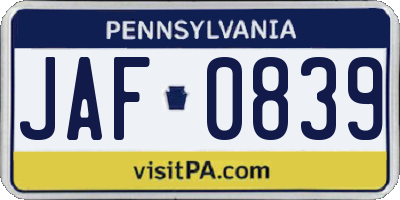 PA license plate JAF0839
