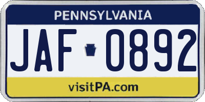 PA license plate JAF0892