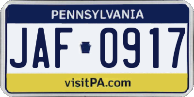 PA license plate JAF0917