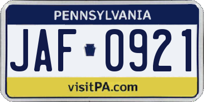 PA license plate JAF0921