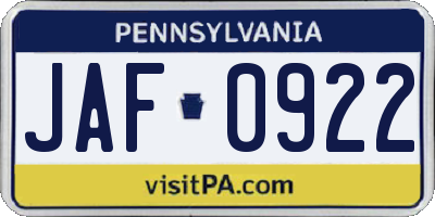 PA license plate JAF0922