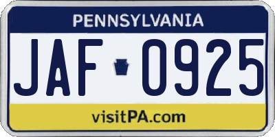 PA license plate JAF0925