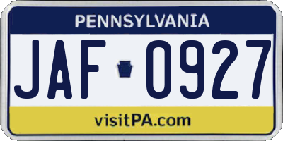 PA license plate JAF0927